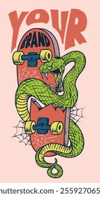 Meet the coolest snake on the block! This fun illustration features a snake riding a skateboard, blending playful charm with a touch of urban flair. Perfect for skate and animal lovers!