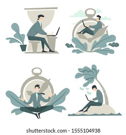 Meet deadline of business project. Person in suit work on laptop, sitting in lotus position. Pocket watch, sand clock icons for time management. Career themed vector illustration, white background.