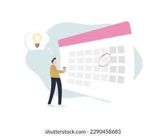 Cumplir con los plazos y los momentos de avance con una administración eficaz del tiempo. Fechas importantes en el calendario con símbolos de bombillas para inspiración. Hombre con taza de café que representa ideas y toma de decisiones