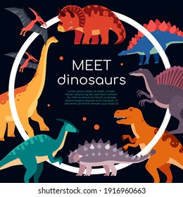 Meet dinosaurs - colorful flat design style banner with copy space for text. Pteranodon, brachiosaurus, ankylosaurus, T-rex, triceratops, spinosaurus, parasaurolophus, stegosaurus. Dino collection