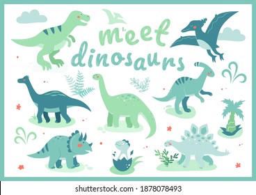 Treffen Sie Dinosaurier - Flach gestaltete Illustration mit Charakteren. Ausgestorbenes Tier, Dinosammlung. Bilder von Ornitosaurus, Brachiosaurus, T-rex, Diplodocus, Stegosaurier, Triceratops, Parasaurolophus, Ei