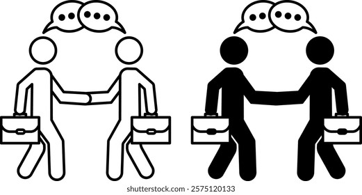 Meet Icons. Black and White Vector Icons. Two Businessmen With Briefcases Shaking Hands. Business Conversation. Concept Meeting