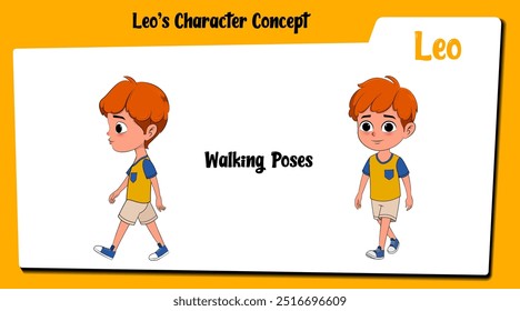 Treffen Sie Leo, einen rothaarigen Cartoon-Jungen, der mitten auf dem Weg gefangen wurde. Dieser Vektor illustriert seinen charmanten Schritt, ideal, um einen Hauch von Bewegung und Persönlichkeit zu Ihren Designs hinzuzufügen.