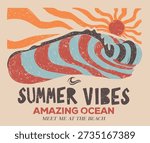 Meet me at the beach. Catch the wave. Ride the tide. Surfing club artwork. Summer good vibes vector graphic design for apparel, stickers, posters, background and others.