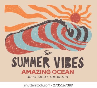 Meet me at the beach. Catch the wave. Ride the tide. Surfing club artwork. Summer good vibes vector graphic design for apparel, stickers, posters, background and others.