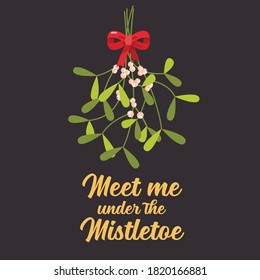 Meet me under the mistletoe. Christmas lettering with decorative design elements. Greeting card