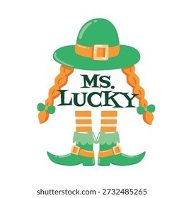 Meet Ms Lucky with her cute ginger braids and green leprechaun hat. This charming character illustration brings a feminine touch to the holiday.