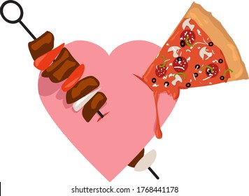 Meet on a skewer and a piece of pizza damaging a human heart, EPS 8 vector illustration 