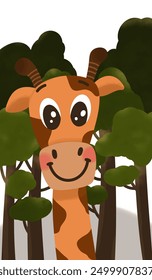 Meet our adorable cartoon giraffe, a delightful addition to any space! Standing tall in front of vibrant trees, this charming character brings a playful touch to your decor