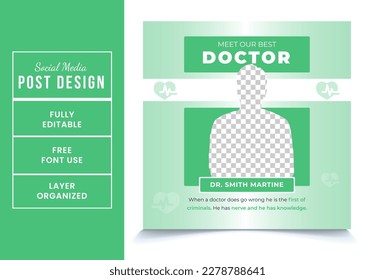 Meet our best doctor promotional medical service social media post design template EPS file format High quality easy to customize