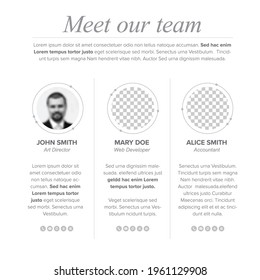 Meet Our Company Team Website Presentation Template With Three Team Members With Their Photo Profiles And Some Description. Light Simple White Team Members Presentation Page Flyer Template Layout