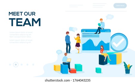 Meet our team background. Modern illustration slider site page. Concept of getting to know the team. Get to know our group web banner. Group of people working together vector image design.