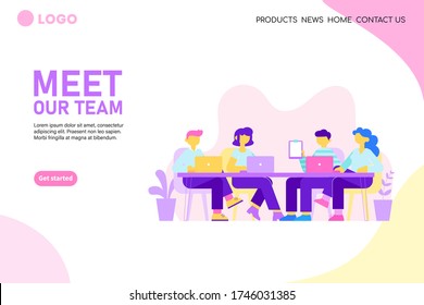 Conozca nuestro concepto de equipo. Trabajo en equipo en el espacio de coworking. Plantilla de página de inicio