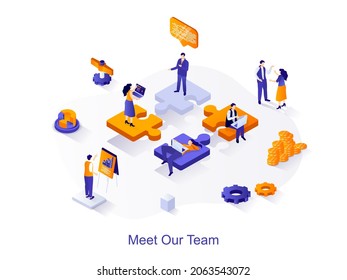 Meet our team isometric web concept. People working together, successful teamwork, branding and idea generation, business communication scene. Vector illustration for website template in 3d design