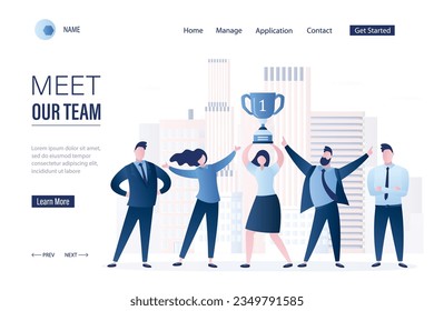 Entdecken Sie unsere Team-Landing-Page-Vorlage. Erfolgreiches Teamwork-Business-Sieger-Banner. Geschäftsleute, die mit einer Tasse Sieger feiern. Belohnung produktive Arbeit. Flache Vektorgrafik