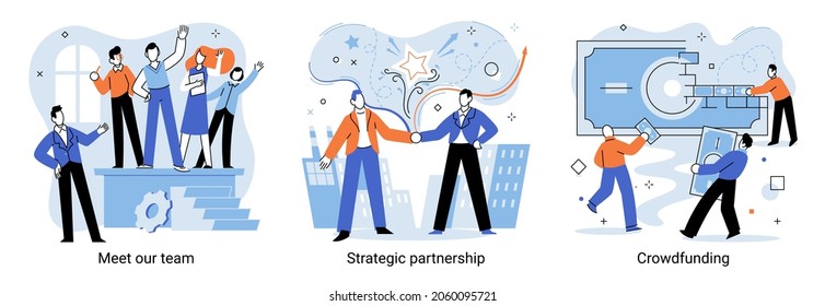 Meet our team, strategic partnership crowdfunding vector set. Cooperation and teamwork abstract concept. Entrepreneurship success abstract metaphor. Effective business development, team management