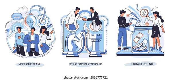 Meet Our Team, Strategic Partnership Crowdfunding Vector Set. Cooperation And Teamwork Abstract Concept. Entrepreneurship Success Abstract Metaphor. Effective Business Development, Team Management