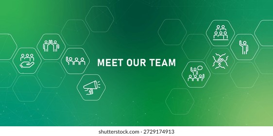 Meet our team web header illustration green background white icons depicting staff community collaboration company presentation about us page
