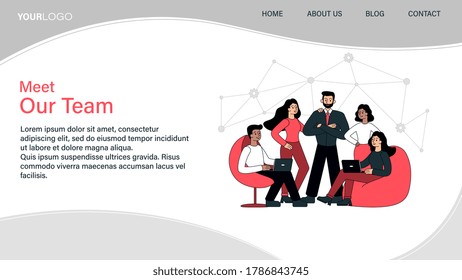 Meet our team web page template with a confident diverse group of business colleagues posing together and copyspace for text, colored vector illustration