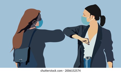 meet people and hand shake in pandemic  and new normal era. Return to campus with friends. Female vector wearing healthy mask doing elbow shake in campus