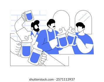 Meet in the pub isolated cartoon vector illustrations. Group of men drink beer and clink glasses in a pub, male friends meeting, entertainment time in a bar, people lifestyle vector cartoon.