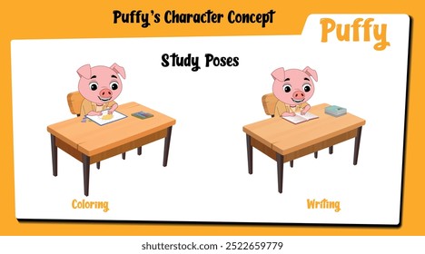 Meet "Puffy," a creative pig cartoon character happily drawing and writing in a notepad, showcasing artistic flair. Perfect for adding a fun and imaginative element to your creative projects!