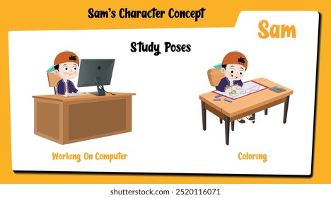 Conheça Sam, o personagem criativo do desenho animado em um boné, focado em seu computador enquanto ele faz um desenho! Esta envolvente coleção destaca suas expressões artísticas e concentração.