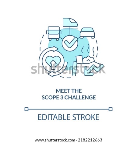 Meet scope three challenge turquoise concept icon. Transforming business to net zero abstract idea thin line illustration. Isolated outline drawing. Editable stroke. Arial, Myriad Pro-Bold fonts used