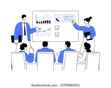 Meet stakeholders isolated cartoon vector illustrations. Group of workers meeting with investors, negotiation process, IT company, stakeholders discussion, business development vector cartoon.