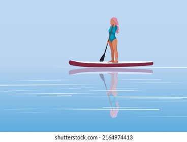 Meet sunrise on sup board concept. Girl stand up on paddle board at lake. Vector illustration of sup surfboarding - water sport. 