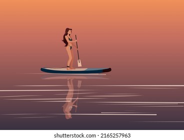 Conoce el concepto de la tabla de embutidos de la puesta del sol. Niña parada en el tablero de remo en el lago. Ilustración vectorial de sup surfboard - deportes acuáticos. 