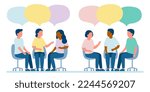 Meet of team of people for talk, dialog, communication, discussion, business relationship. Discuss problems together, exchange opinions of team worker. Support group. Vector illustration