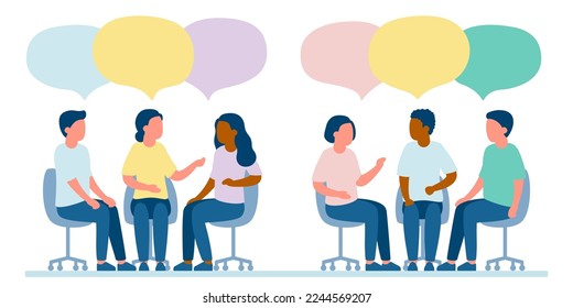 Meet of team of people for talk, dialog, communication, discussion, business relationship. Discuss problems together, exchange opinions of team worker. Support group. Vector illustration