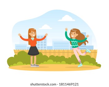 Meet of Two Girls, Cute Teenage Friends Walking Outdoors Cartoon Vector Illustration