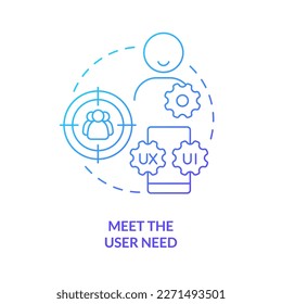 Meet user need blue gradient concept icon. Customer research. Web development. UX design fundamental abstract idea thin line illustration. Isolated outline drawing. Myriad Pro-Bold font used