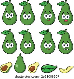 Conheça seu novo abacate favorito! Este conjunto de vetor de abacate kawaii inclui personagens fofos perfeitos para marca de alimentos saudáveis, embalagem e adesivos. 