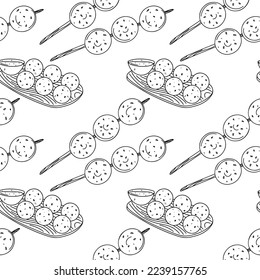 Meetballs with spicy sauce seamless pattern. Endless print in hand drawn doodle style.
