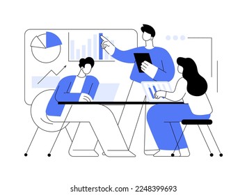 Meeting abstract concept vector illustration. Business meeting room, conference organization, signing contract, discussion at workplace, brainstorming, corporate presentation abstract metaphor.