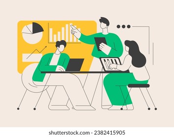 Meeting abstract concept vector illustration. Business meeting room, conference organization, signing contract, discussion at workplace, brainstorming, corporate presentation abstract metaphor.