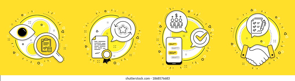 Meeting, Accounting Checklist And Loyalty Points Line Icons Set. Licence, Cell Phone And Deal Vector Icons. Survey Checklist Sign. Business Collaboration, Calculator, Bonus Reward. Report. Vector