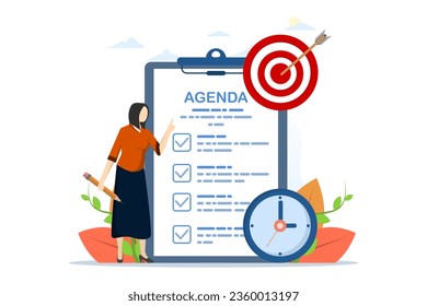 meeting agenda concept, priority of important tasks to discuss, goals to be completed, planner or checklist for office work, smart business woman holding meeting agenda writing pencil with clock.