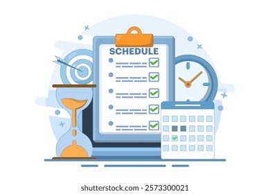 Meeting agenda, goal concept to be completed. Time management, planning project, calendar and pen box, completing work tasks, organizing schedule. Flat vector illustration on background.