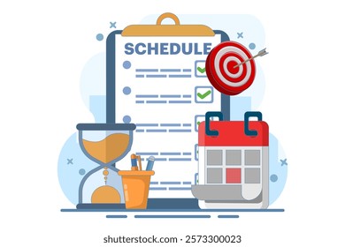 Meeting agenda, goal concept to be completed. Time management, planning project, calendar and pen box, completing work tasks, organizing schedule. Flat vector illustration on background.