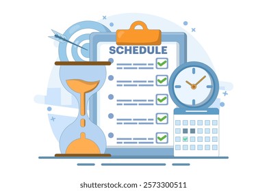 Meeting agenda, goal concept to be completed. Time management, planning project, calendar and pen box, completing work tasks, organizing schedule. Flat vector illustration on background.