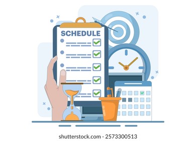 Meeting agenda, goal concept to be completed. Time management, planning project, calendar and pen box, completing work tasks, organizing schedule. Flat vector illustration on background.