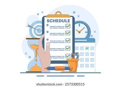 Meeting agenda, goal concept to be completed. Time management, planning project, calendar and pen box, completing work tasks, organizing schedule. Flat vector illustration on background.