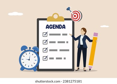 Meeting agenda, important tasks for business discussion, checklist for office work concept, smart business woman hold pencil write meeting agenda with clock.