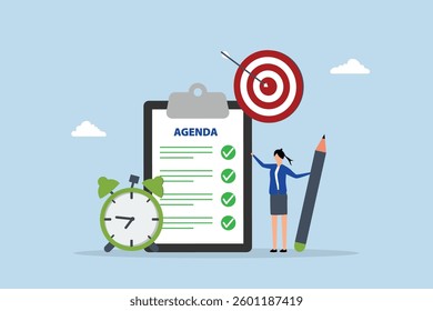 Meeting agenda, Intelligent businesswoman grips pencil to draft meeting agenda alongside clock. 