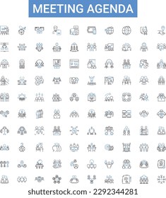 Zusammenstellung der Tagesordnung umreißen Symbole Sammlung. Agenda, Tagung, Teilnehmer, Themen, Ziele, Zeit, Minuten Vektorgrafik Set. Diskussion, Plan, Beschlüsse - Strichzeichen