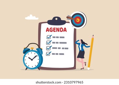 Meeting agenda, priority important task for discussion, objective or purpose to finish, planner or checklist for office work concept, smart business woman hold pencil write meeting agenda with clock.